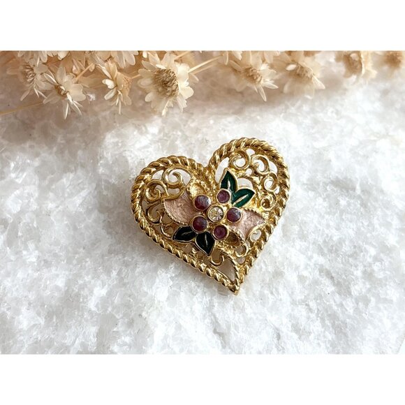 Heart Shaped Textured "I Love You" Rhinestoned and Enameled Brooch - Picture 3 of 10